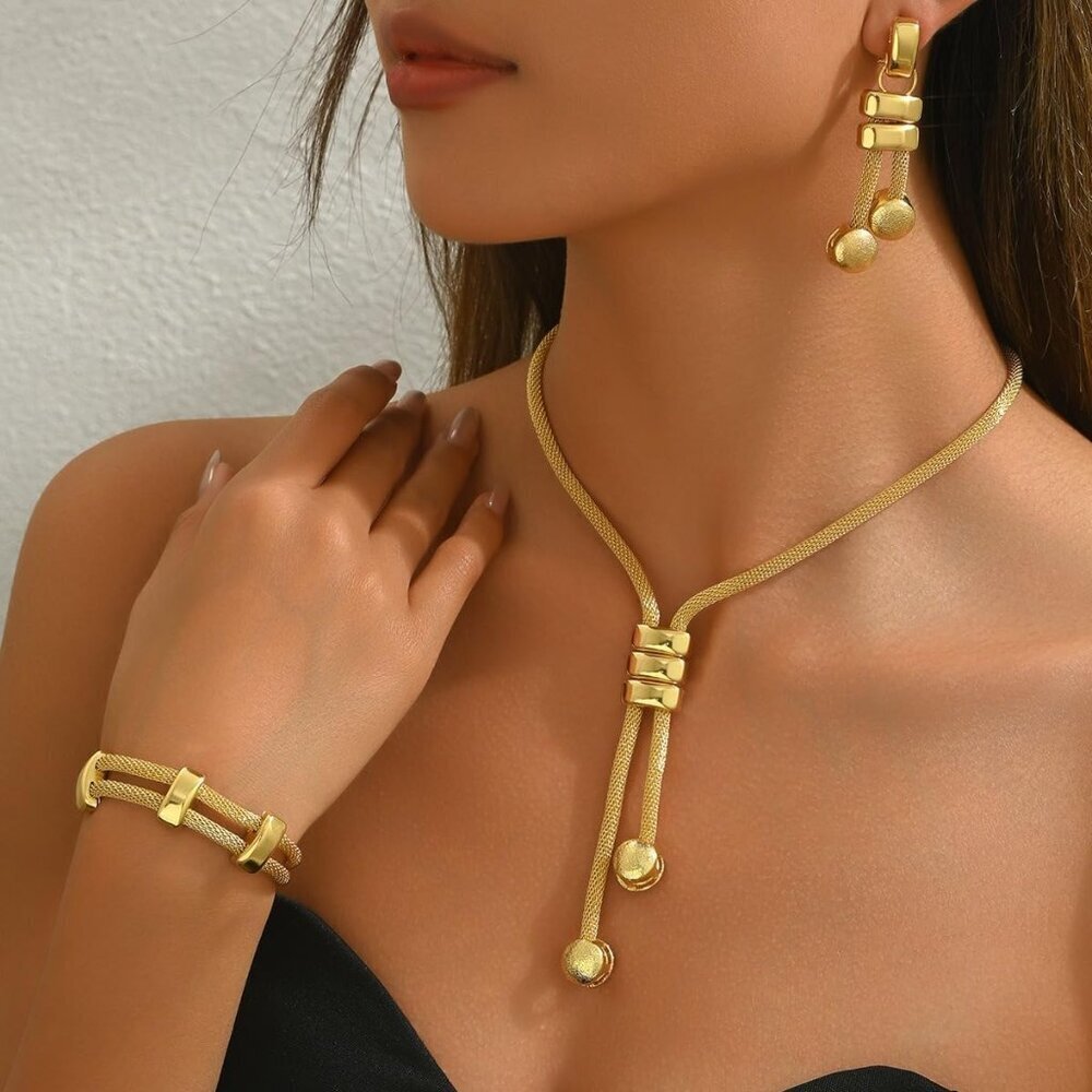 Gold Jewelry Set Women Choker Necklace Bracelet Earrings Gift Elegant